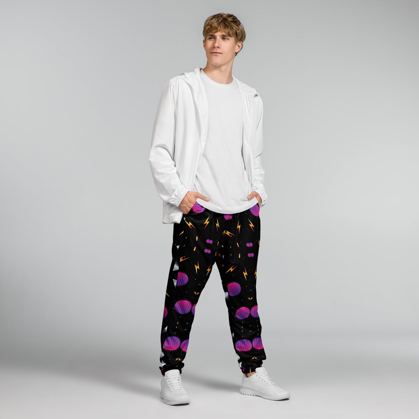 Hipyfi Synthwave Unisex Track Pants with retro geometric neon 80s design – streetwear joggers for men and women. front-2