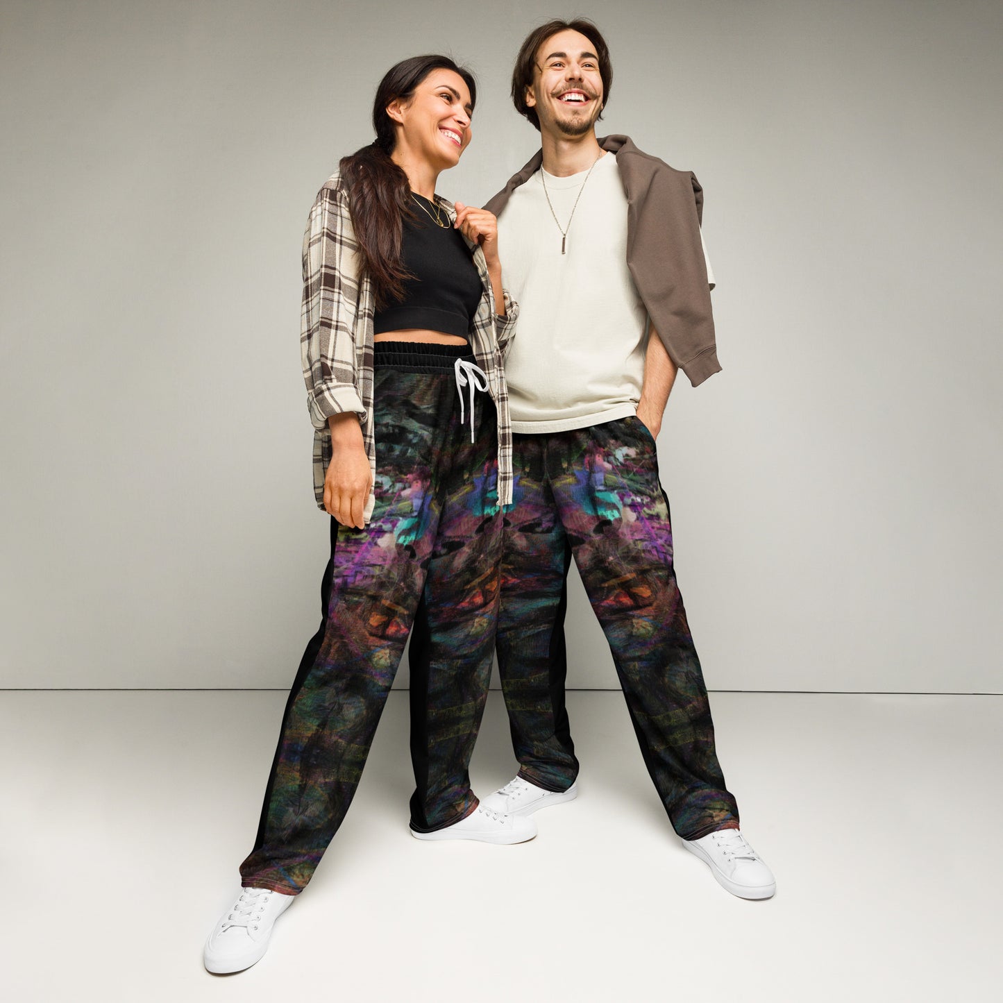 Chromatic Dreams unisex recycled wide-leg joggers with vibrant abstract art print – Hipyfi streetwear Front