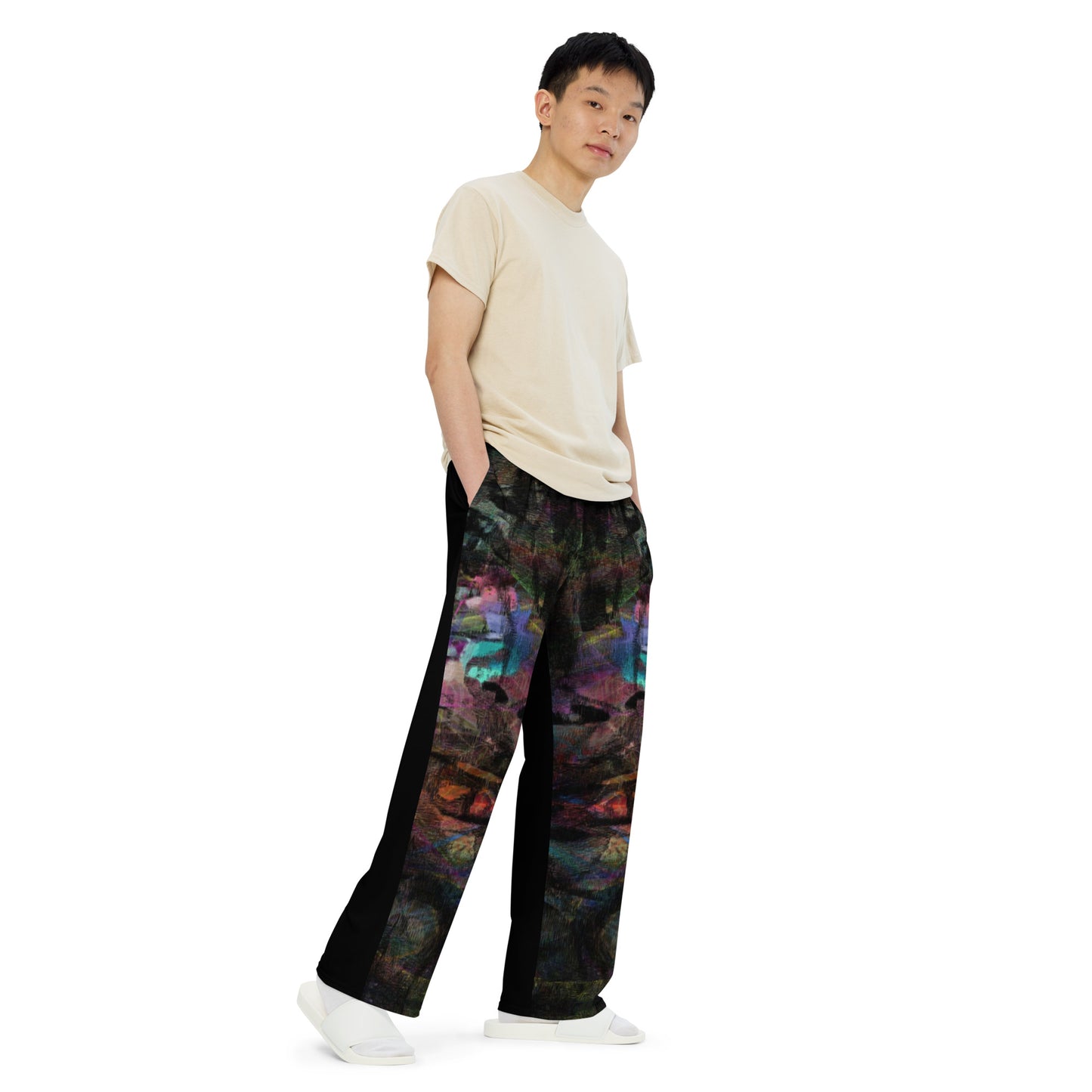 Hipyfi Chromatic Dreams Unisex Abstract Wide-Leg Pants in vibrant colors - modern art-inspired design for men and women, featuring a relaxed fit. right-front
