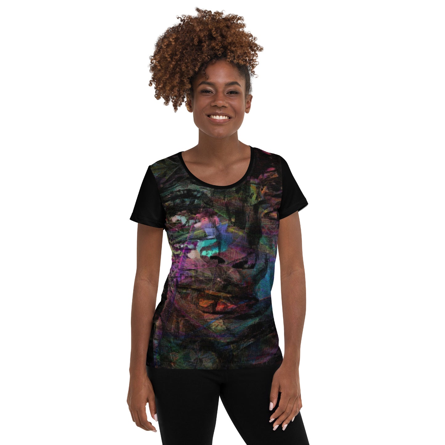 A woman in a vibrant Hipyfi Chromatic Dreams Athletic Tee. The artistic pattern blends, while the lightweight and performance-ready fit. front-2