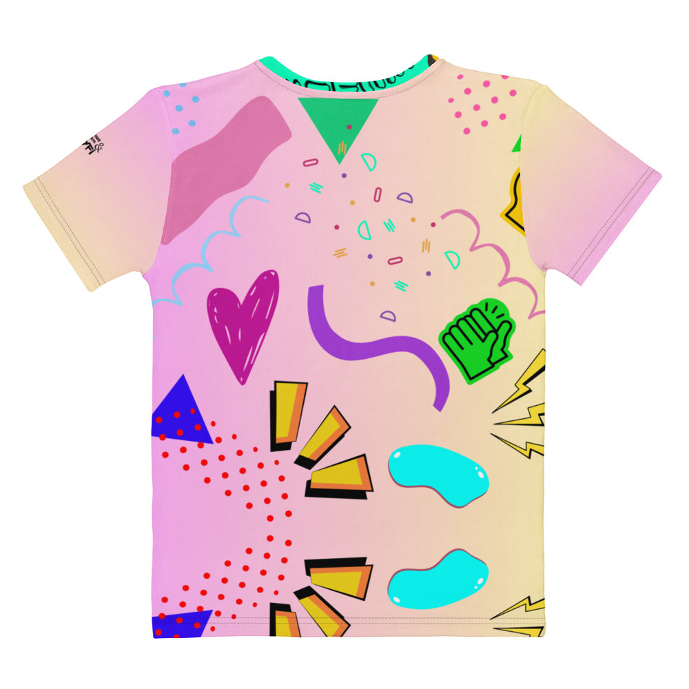 Hipyfi Women's Retro 80s Memphis Design Graphic Crew Neck Tee with vibrant pastel colors and bold typography. Back-6