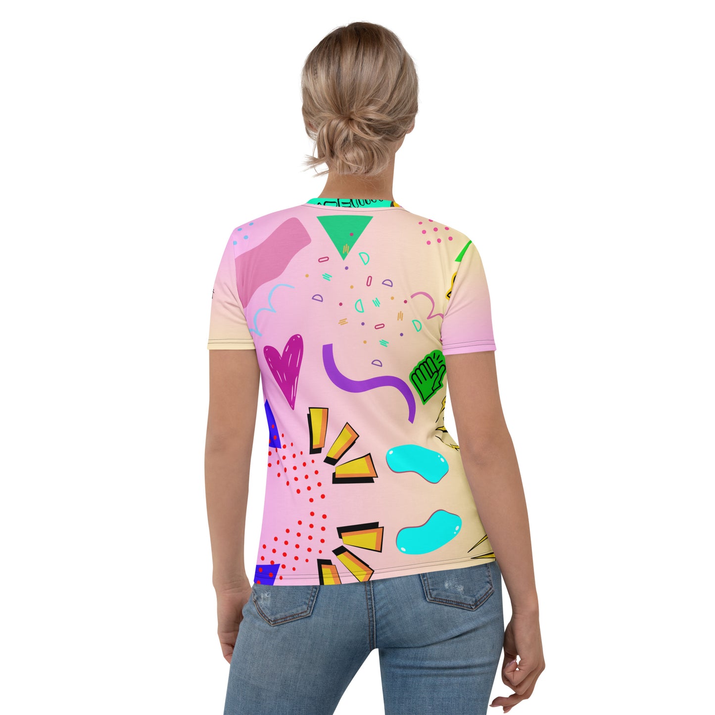 Hipyfi Women's Retro 80s Memphis Design Graphic Crew Neck Tee with vibrant pastel colors and bold typography. Back-2