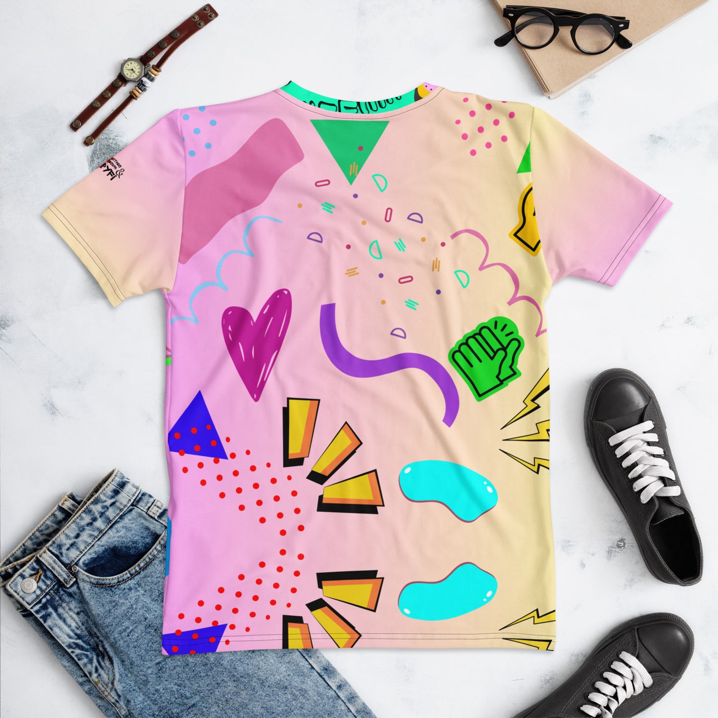 Hipyfi Women's Retro 80s Memphis Design Graphic Crew Neck Tee with vibrant pastel colors and bold typography. Back-5