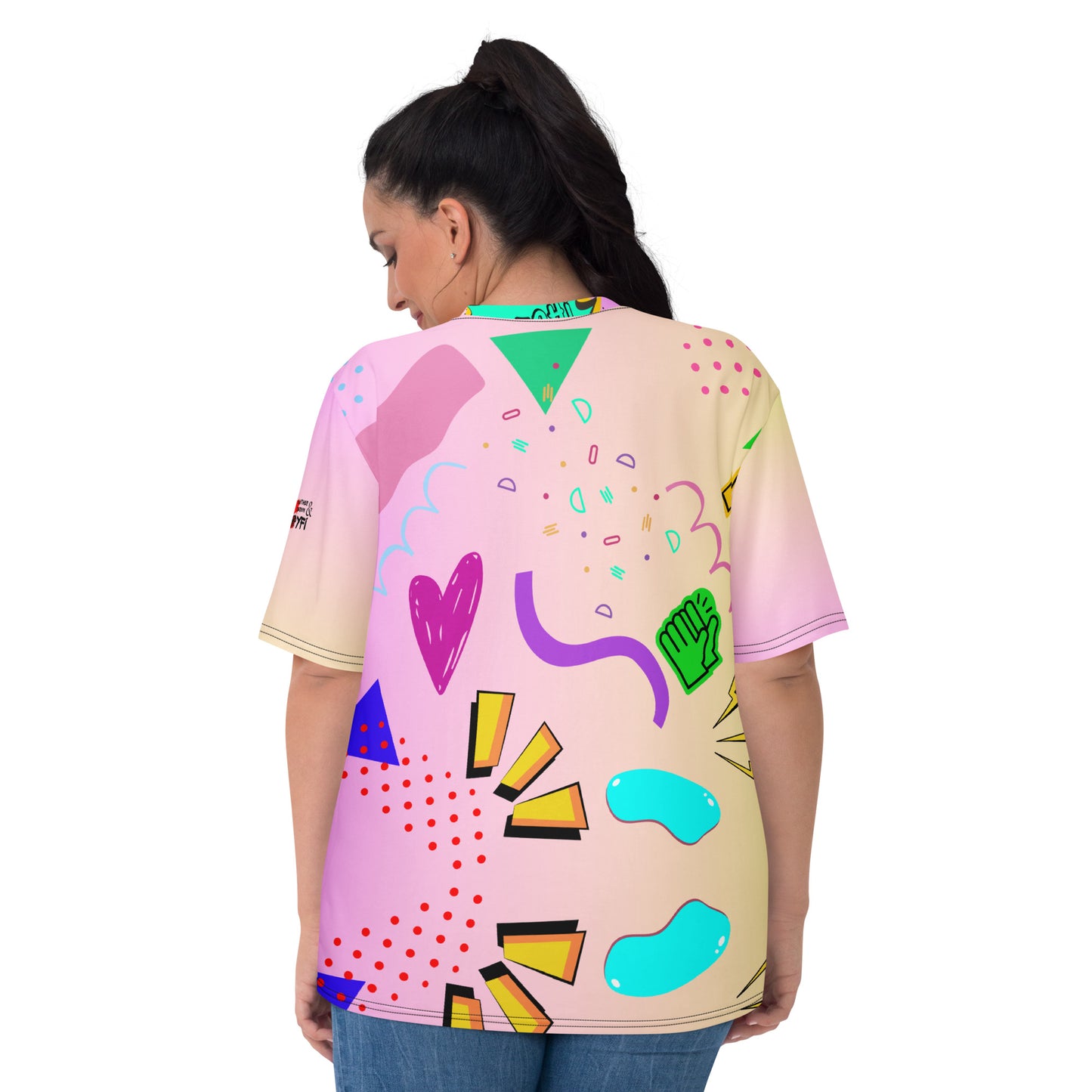 Hipyfi Women's Retro 80s Memphis Design Graphic Crew Neck Tee with vibrant pastel colors and bold typography. Back