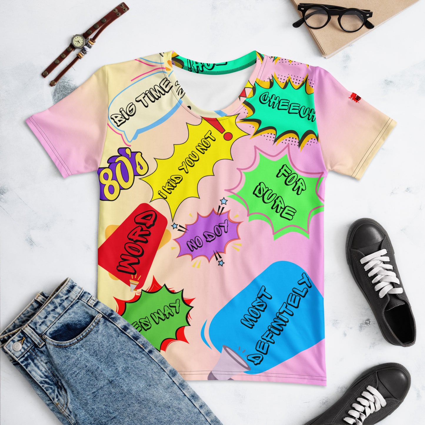Hipyfi Women's Retro 80s Memphis Design Graphic Crew Neck Tee with vibrant pastel colors and bold typography. Front-4