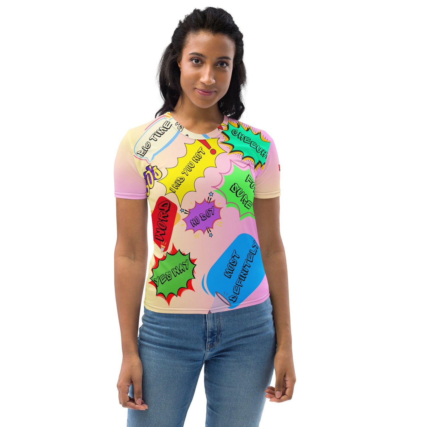 Hipyfi Women's Retro 80s Memphis Design Graphic Crew Neck Tee with vibrant pastel colors and bold typography. Front-3