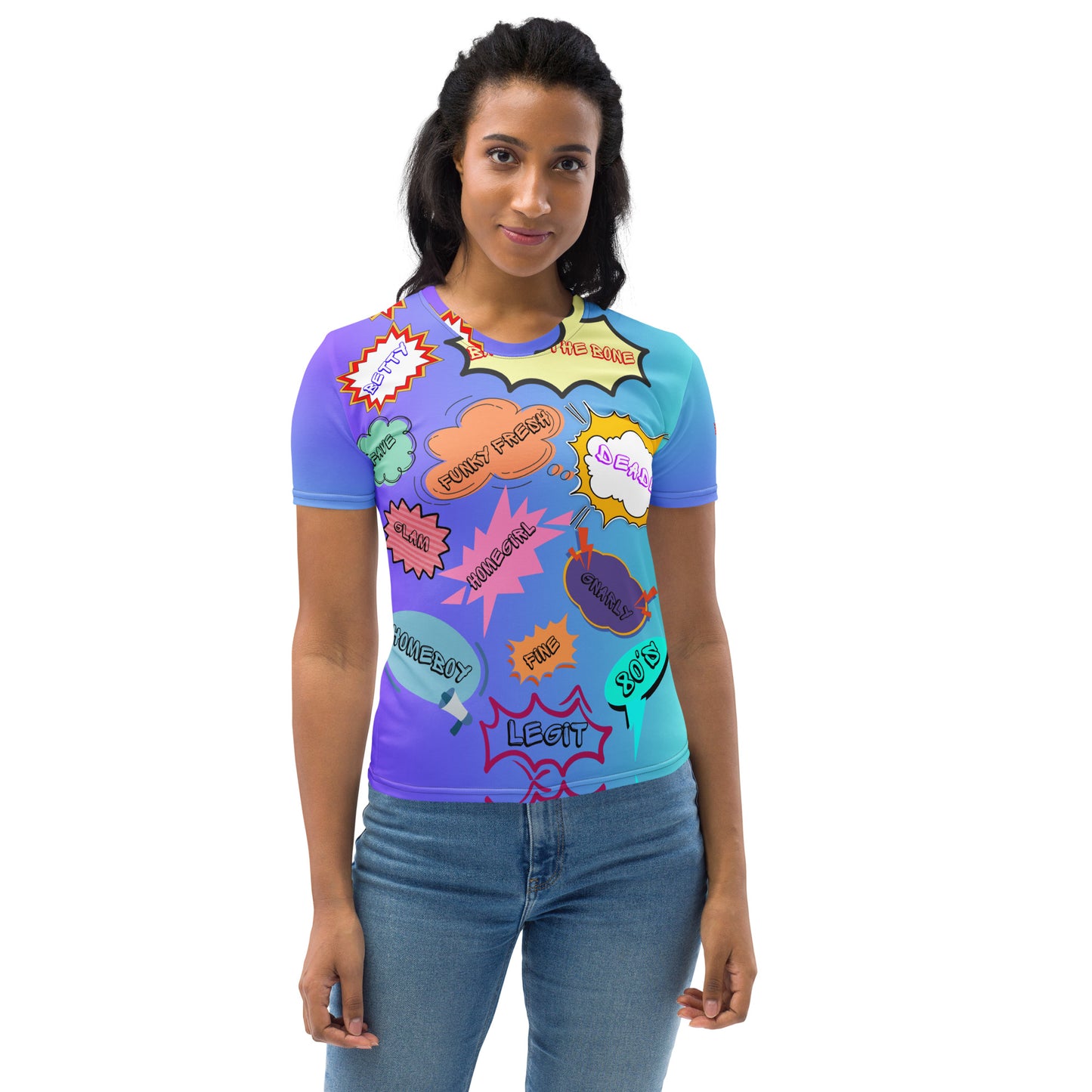 Women’s 80s Pop Art T-Shirt with Retro Neon Speech Bubbles – Hipyfi Clothes & Design. Front-3