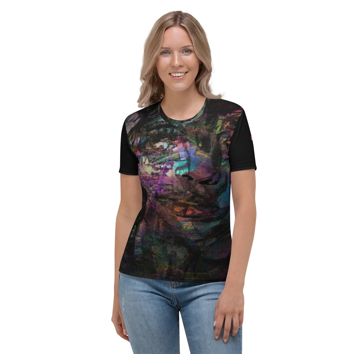 Abstract face graphic women’s tee: Hipyfi Chromatic Dreams T-Shirt with vibrant art. Soft, eco-friendly, made-to-order. front-2