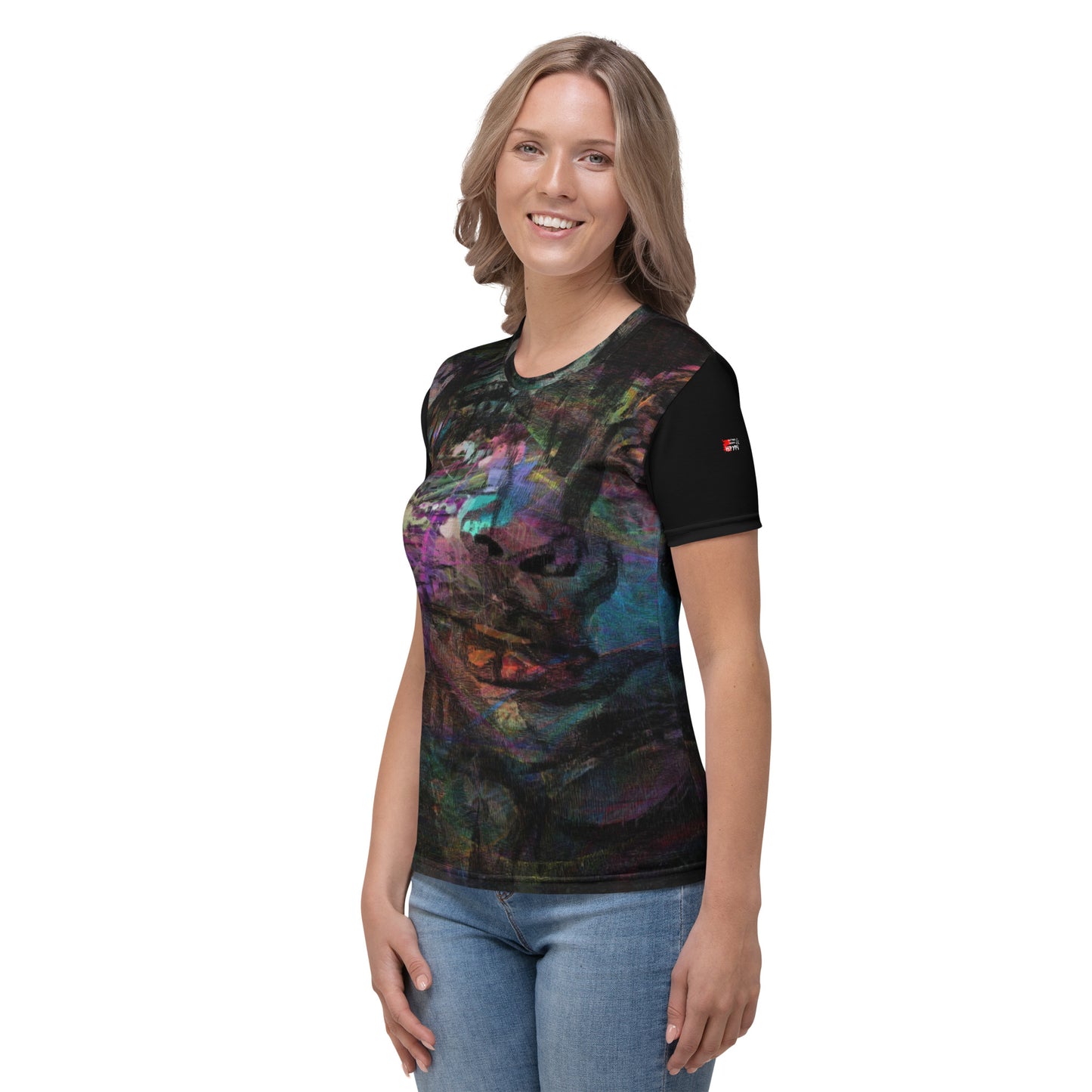 Abstract face graphic women’s tee: Hipyfi Chromatic Dreams T-Shirt with vibrant art. Soft, eco-friendly, made-to-order. left-2