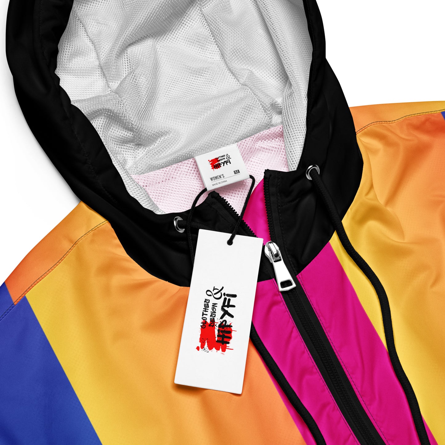 Hipyfi Women’s Lightweight Cropped Windbreaker in a pink-to-purple-to-yellow sunset gradient, showcasing Water-resistant fabric and adjustable hood – perfect for hiking, travel, or everyday style. product-details