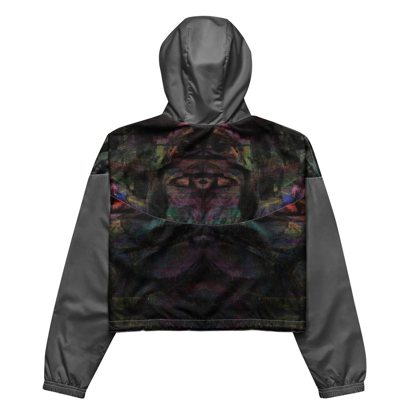 Women's cropped windbreaker by Hipyfi Clothes & Design, featuring a vibrant abstract print. Lightweight, water-resistant jacket, adventure-ready style. Back