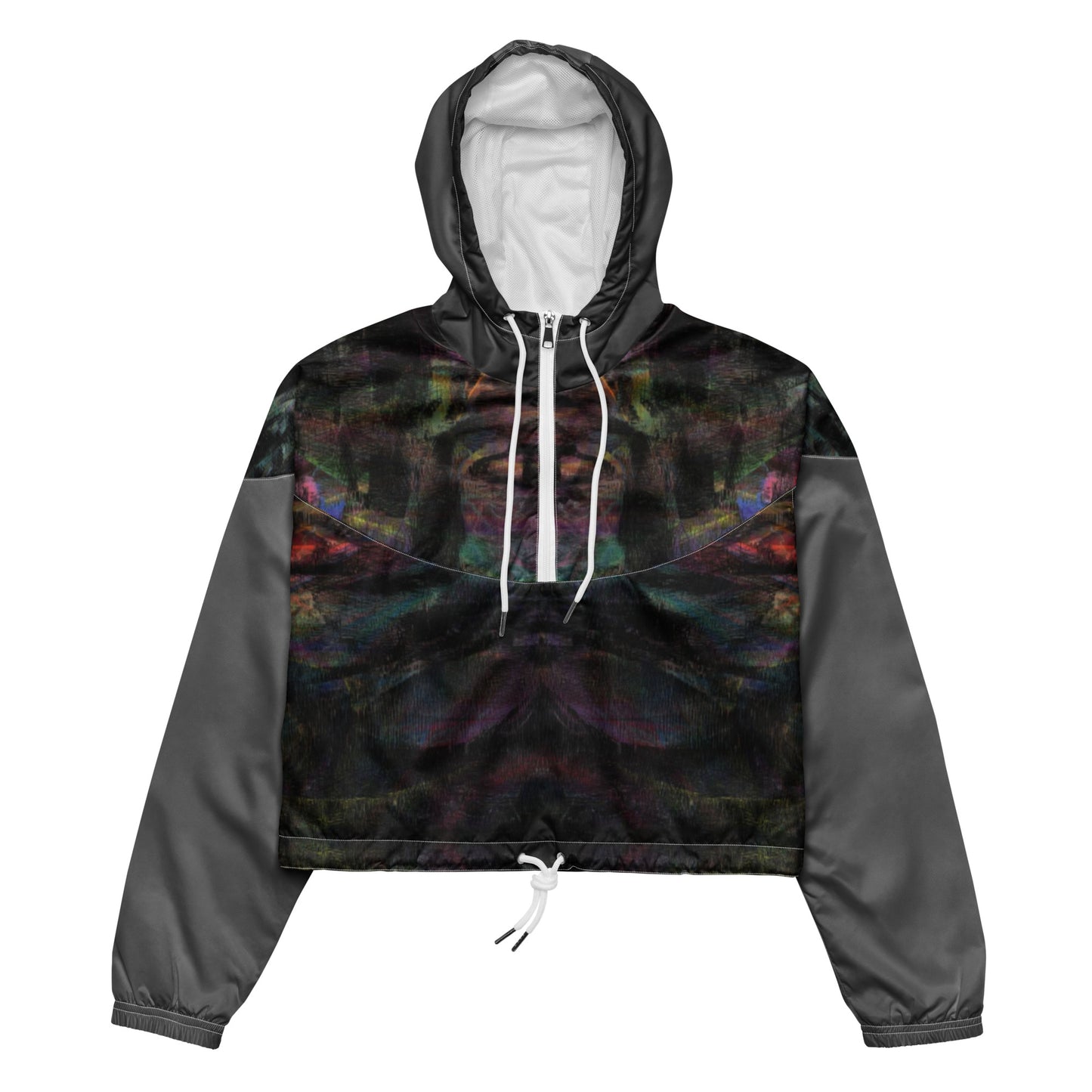 Women's cropped windbreaker by Hipyfi Clothes & Design, featuring a vibrant abstract print. Lightweight, water-resistant jacket, adventure-ready style. Front