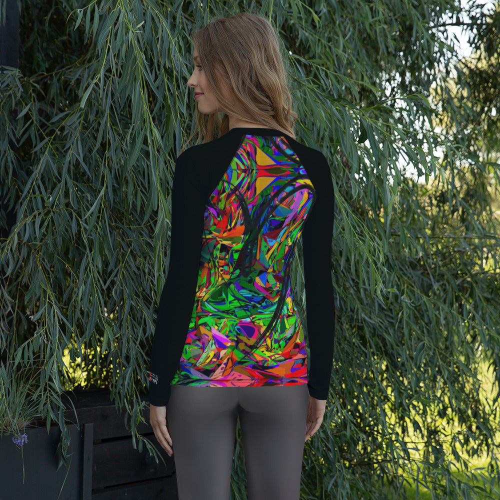 Women's abstract neon rash guard with UPF 50+ – street art UV surf shirt by Hipyfi Back