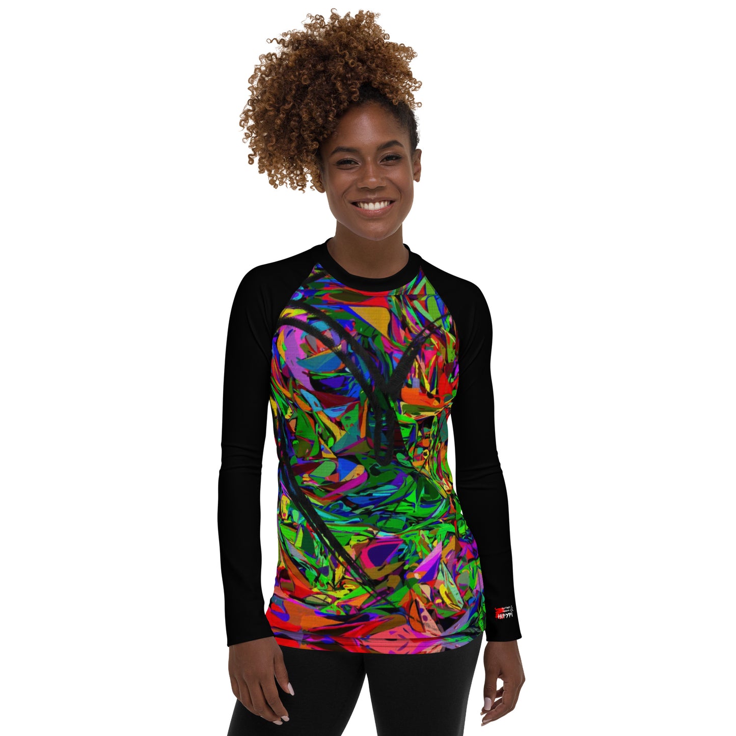 Women's abstract neon rash guard with UPF 50+ – street art UV surf shirt by Hipyfi Front-2