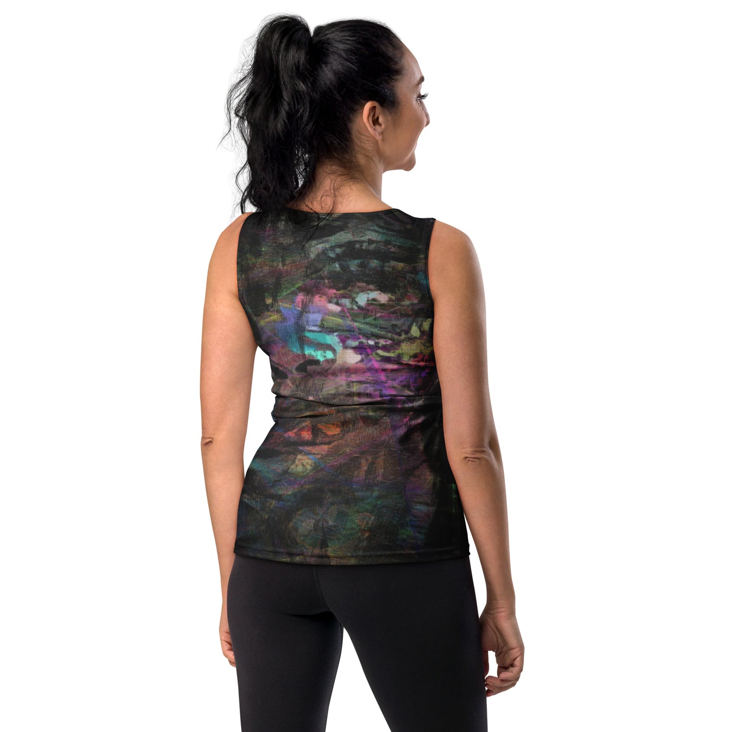 Hipyfi's Chromatic Dreams Tank Top: A vibrant, abstract-print activewear top with swirling, artistic designs in bold hues. Moisture-wicking, 4-way stretch fabric and UPF 50+ sun protection. back