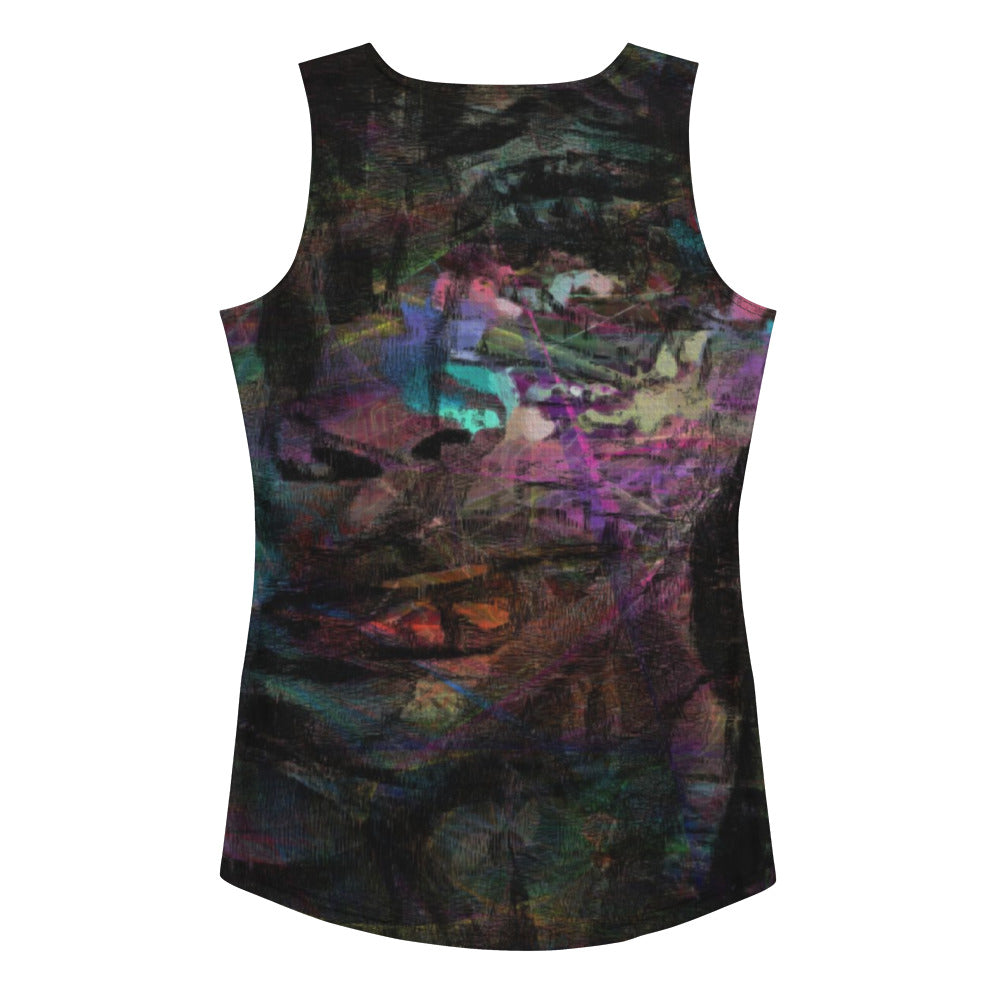 Hipyfi's Chromatic Dreams Tank Top: A vibrant, abstract-print activewear top with swirling, artistic designs in bold hues. Moisture-wicking, 4-way stretch fabric and UPF 50+ sun protection. back-2