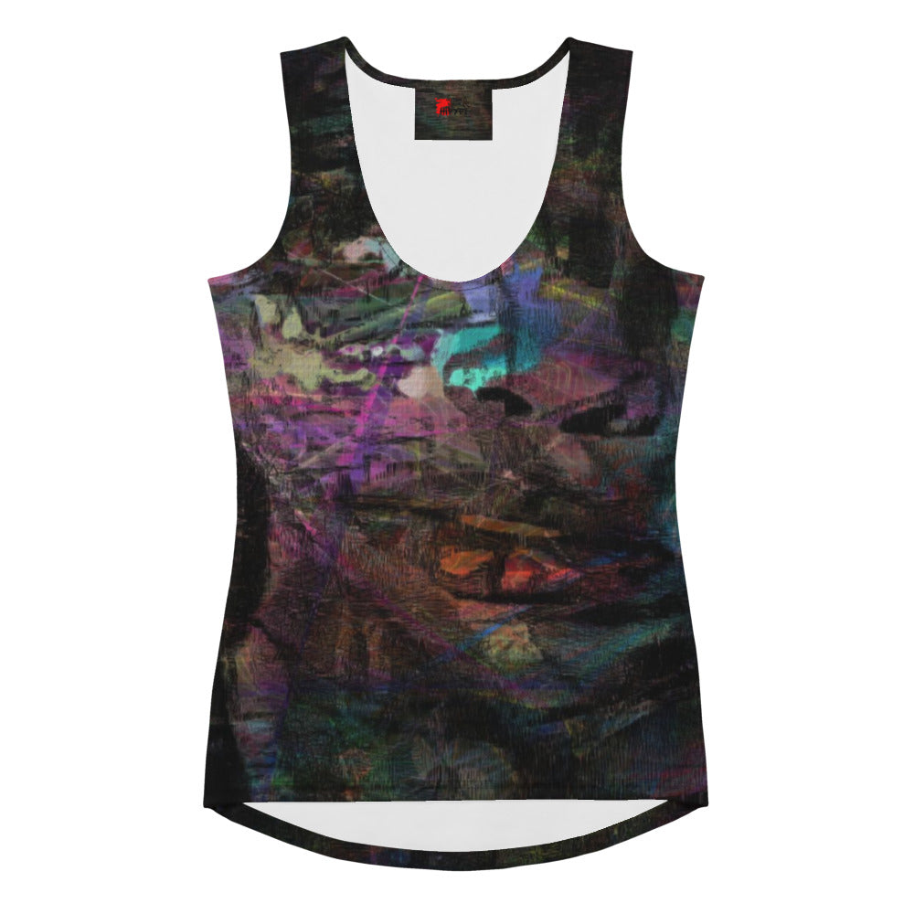 Hipyfi's Chromatic Dreams Tank Top: A vibrant, abstract-print activewear top with swirling, artistic designs in bold hues. Moisture-wicking, 4-way stretch fabric and UPF 50+ sun protection. front-2