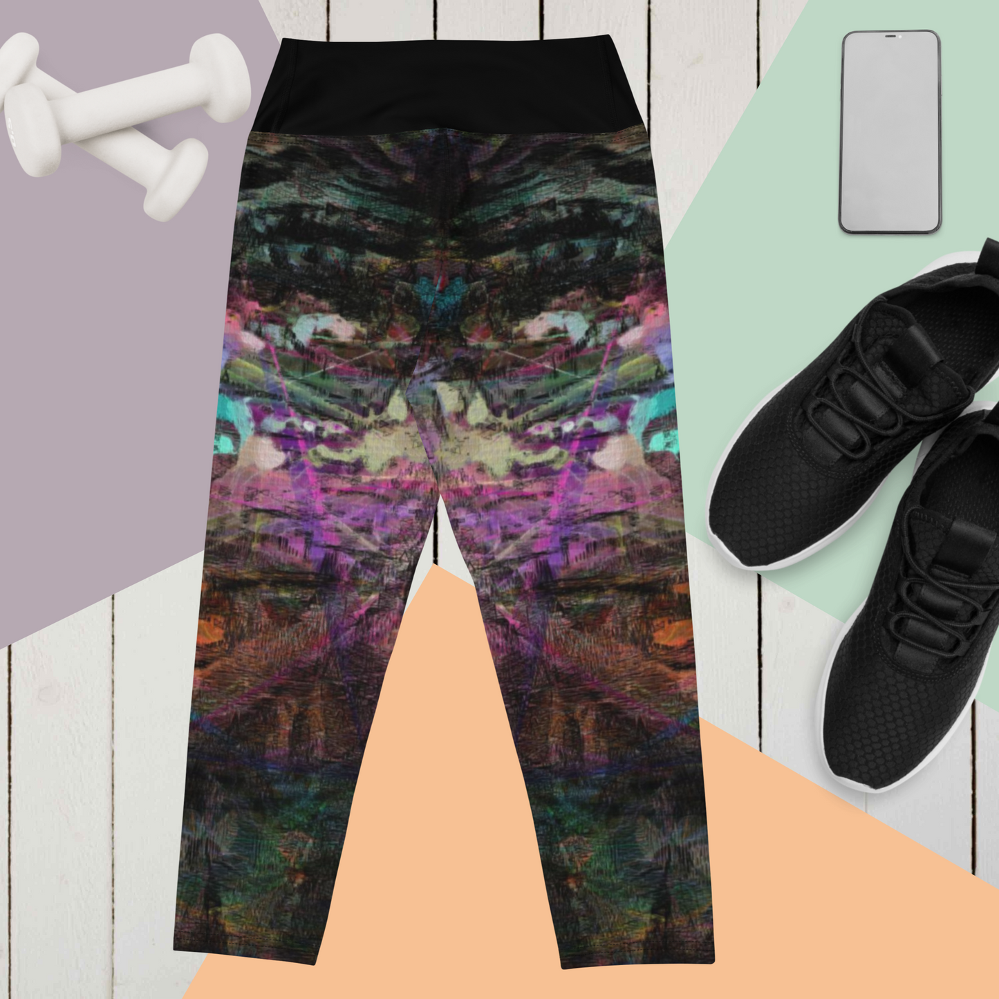 Women's abstract print yoga capri leggings with vibrant design and high-waisted fit by Hipyfi – colorful artistic activewear for fitness or casual wear. back-2