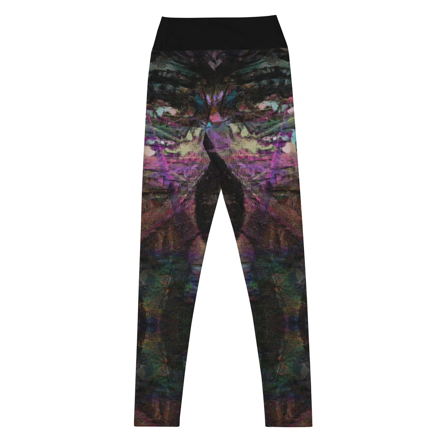 Close-up of women's Chromatic Dreams Yoga Leggings with bold abstract Art Print. Features four-way stretch fabric and a sculpted waistband, ethically crafted by Hipyfi. back-2