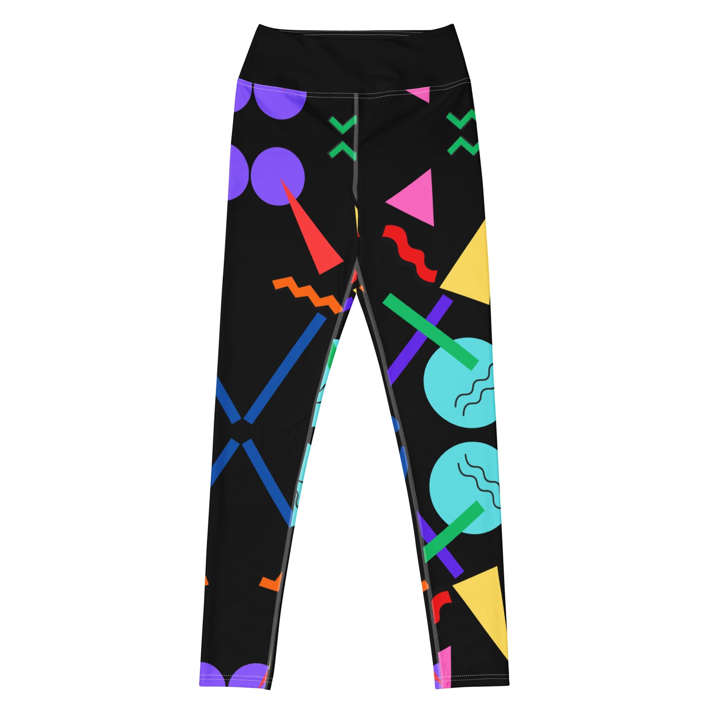 Colorful Memphis style yoga leggings for women – geometric print activewear by Hipyfi Clothes & Design. Front-2
