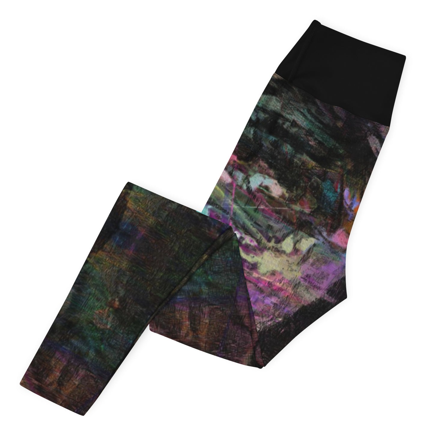Close-up of women's Chromatic Dreams Yoga Leggings with bold abstract Art Print. Features four-way stretch fabric and a sculpted waistband, ethically crafted by Hipyfi. left-2