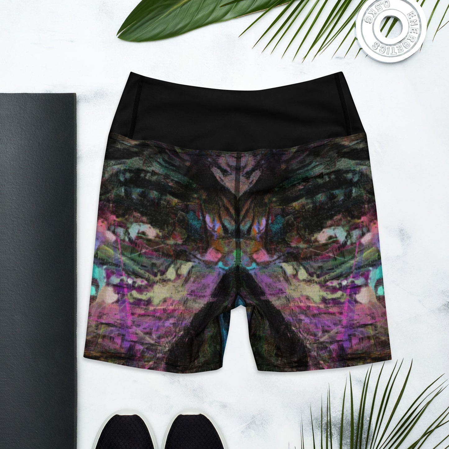 Women's abstract brushstroke yoga shorts in vibrant colors. High-waisted, stretchy fabric for workouts. back