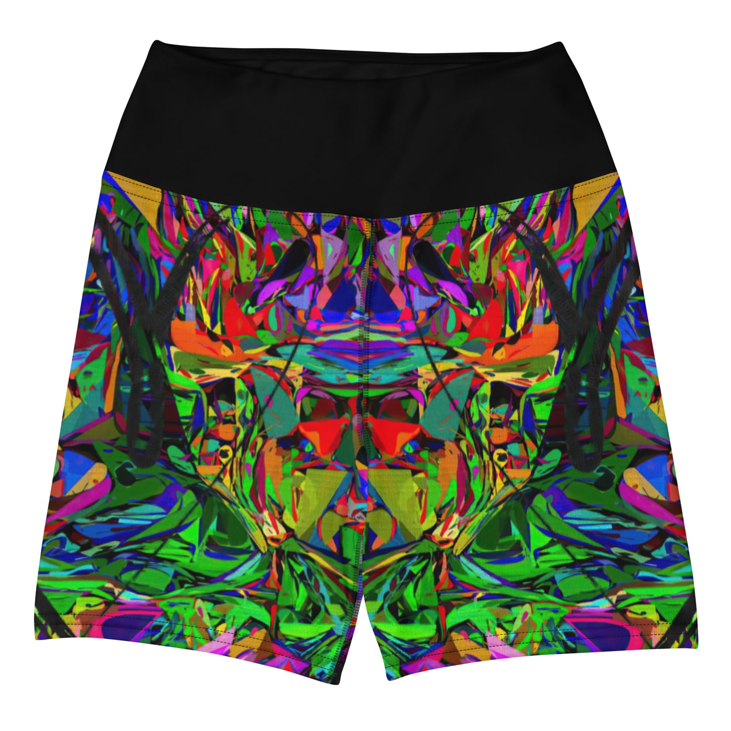 Women’s yoga shorts with vibrant abstract street art print – Neon Mythos design by Hipyfi Front-2