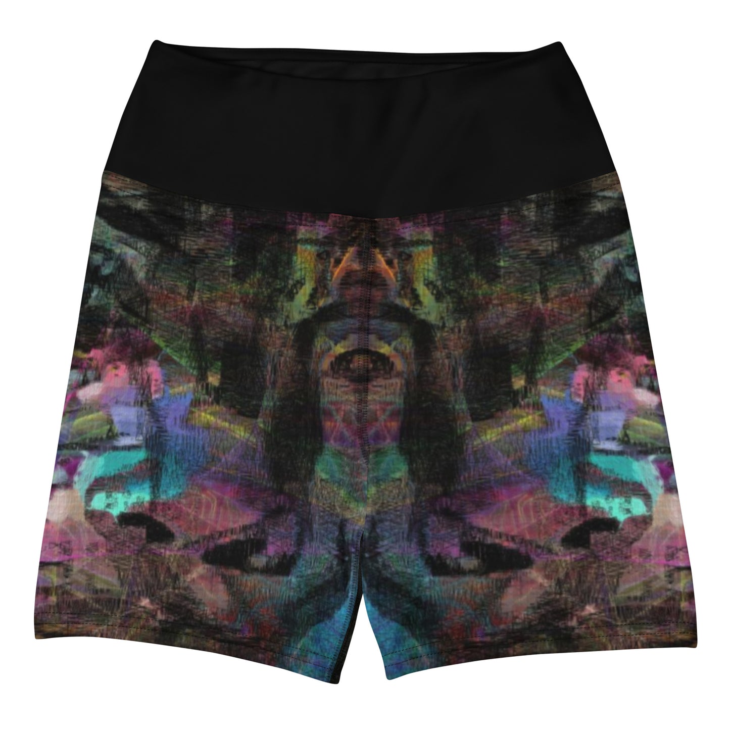 Women's abstract brushstroke yoga shorts in vibrant colors. High-waisted, stretchy fabric for workouts. front-2