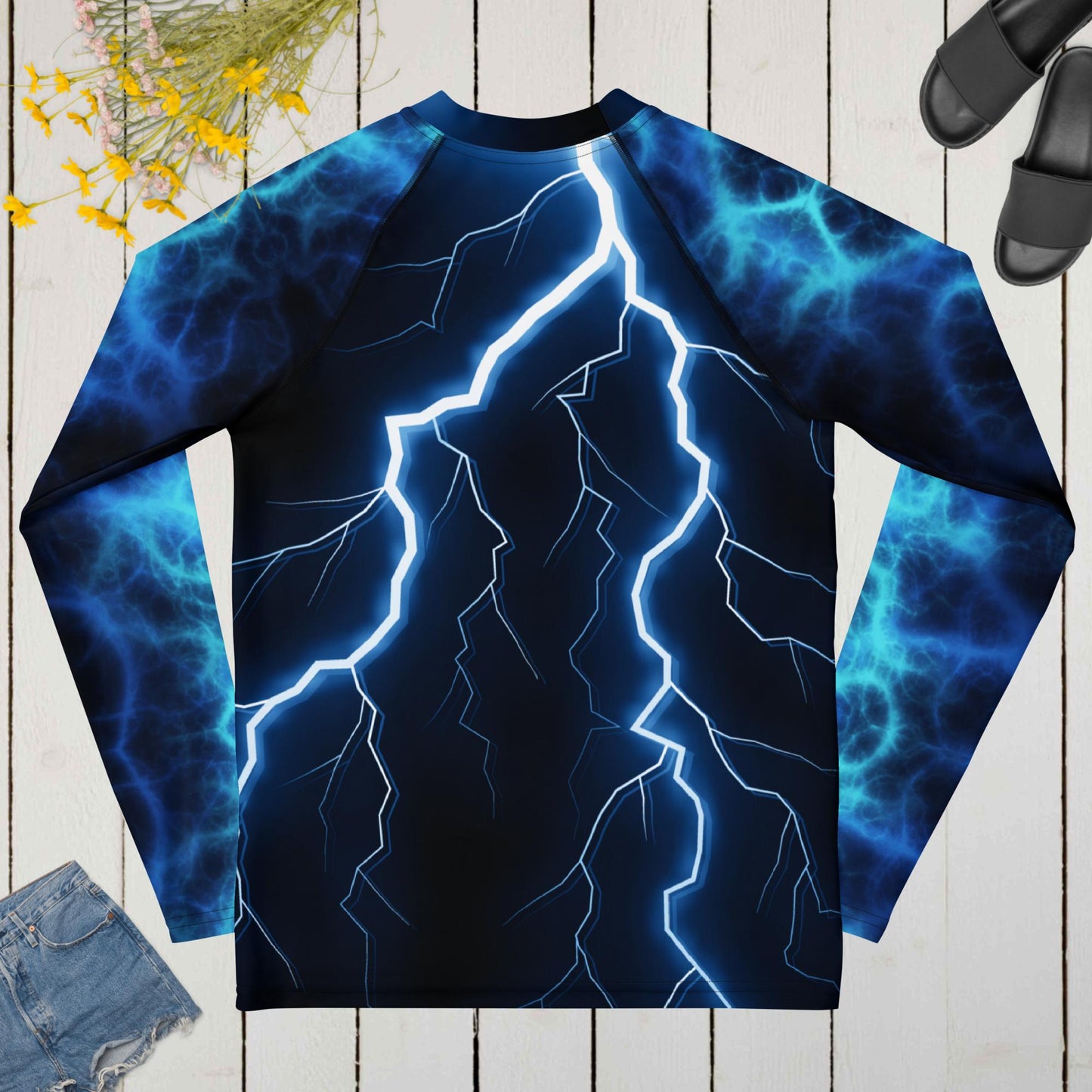 Electric Storm Youth Rash Guard with UPF 50+ UV protection in lightning bolt design by Hipyfi Clothes & Design Back