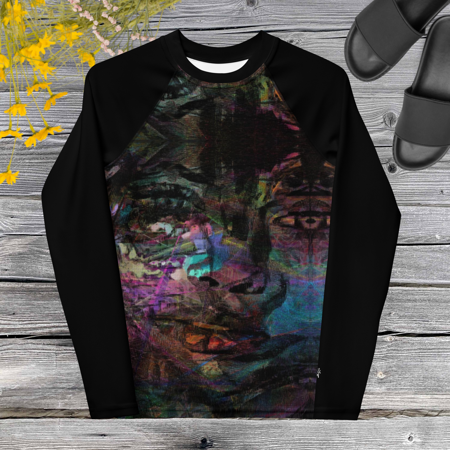 Hipyfi Chromatic Dreams Youth Rash Guard with vibrant abstract art print, UPF 50+ sun protection for surfing, sports, and active teens. front