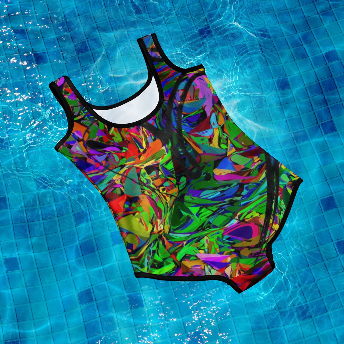 Colorful abstract youth swimsuit with bold neon print, from Hipyfi Neon Mythos collection – stylish and UPF 50+ sun protection for active kids. Back-2