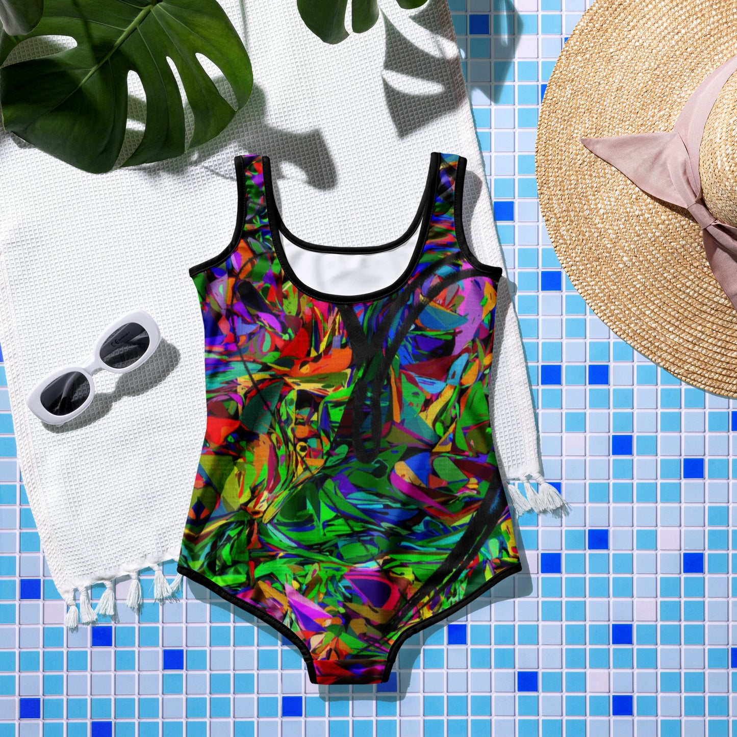 Colorful abstract youth swimsuit with bold neon print, from Hipyfi Neon Mythos collection – stylish and UPF 50+ sun protection for active kids. Back