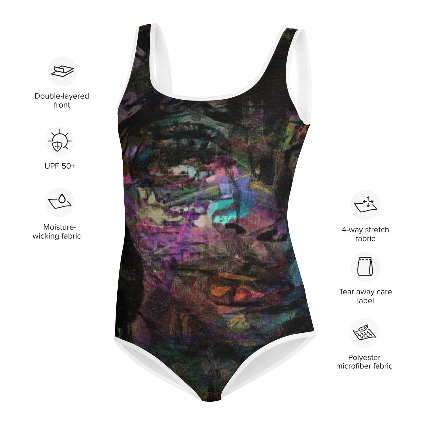 Hipyfi Chromatic Dreams Youth Swimsuit: Vibrant abstract artistic print, UPF 50+ swimwear for teens. product-info