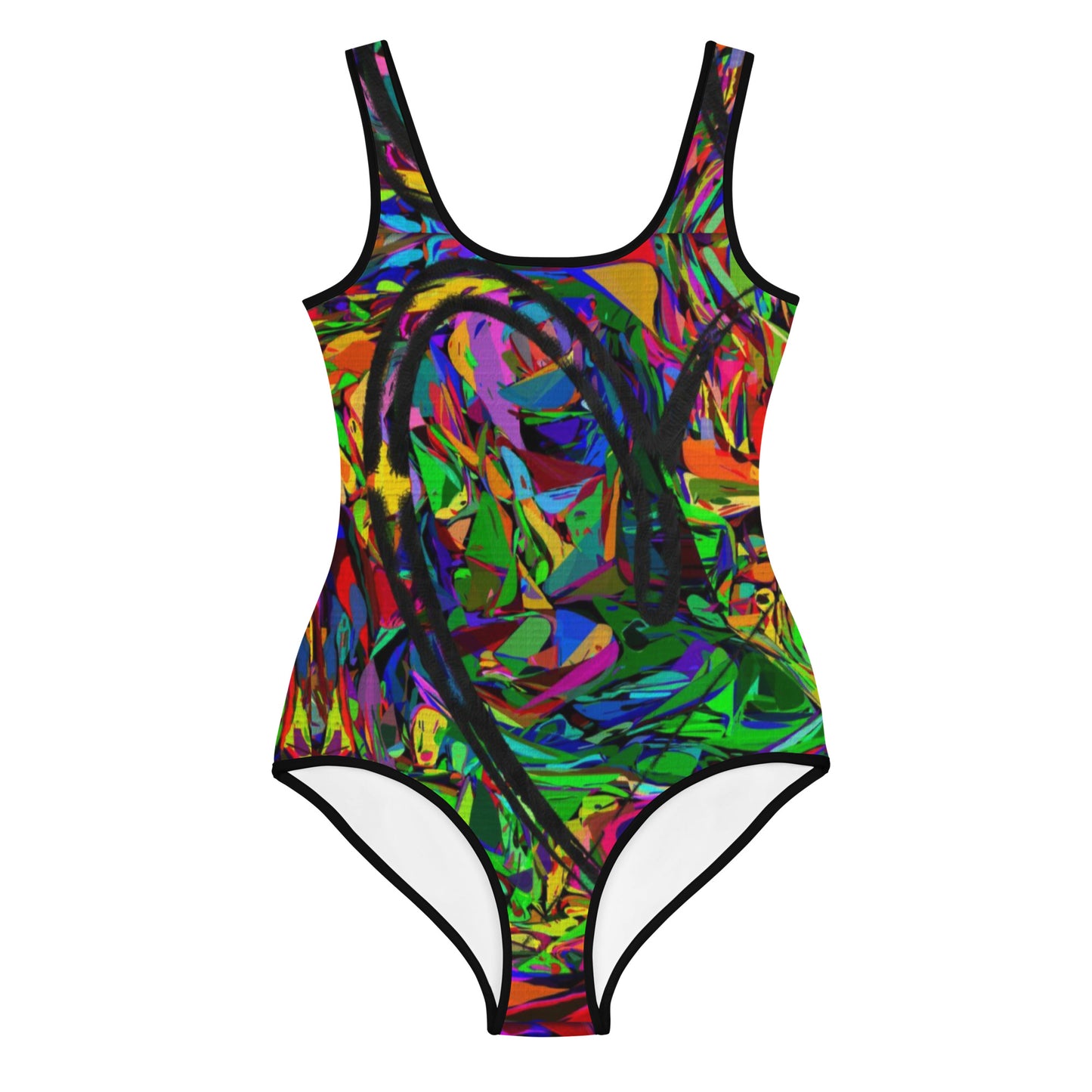 Colorful abstract youth swimsuit with bold neon print, from Hipyfi Neon Mythos collection – stylish and UPF 50+ sun protection for active kids. Front-3