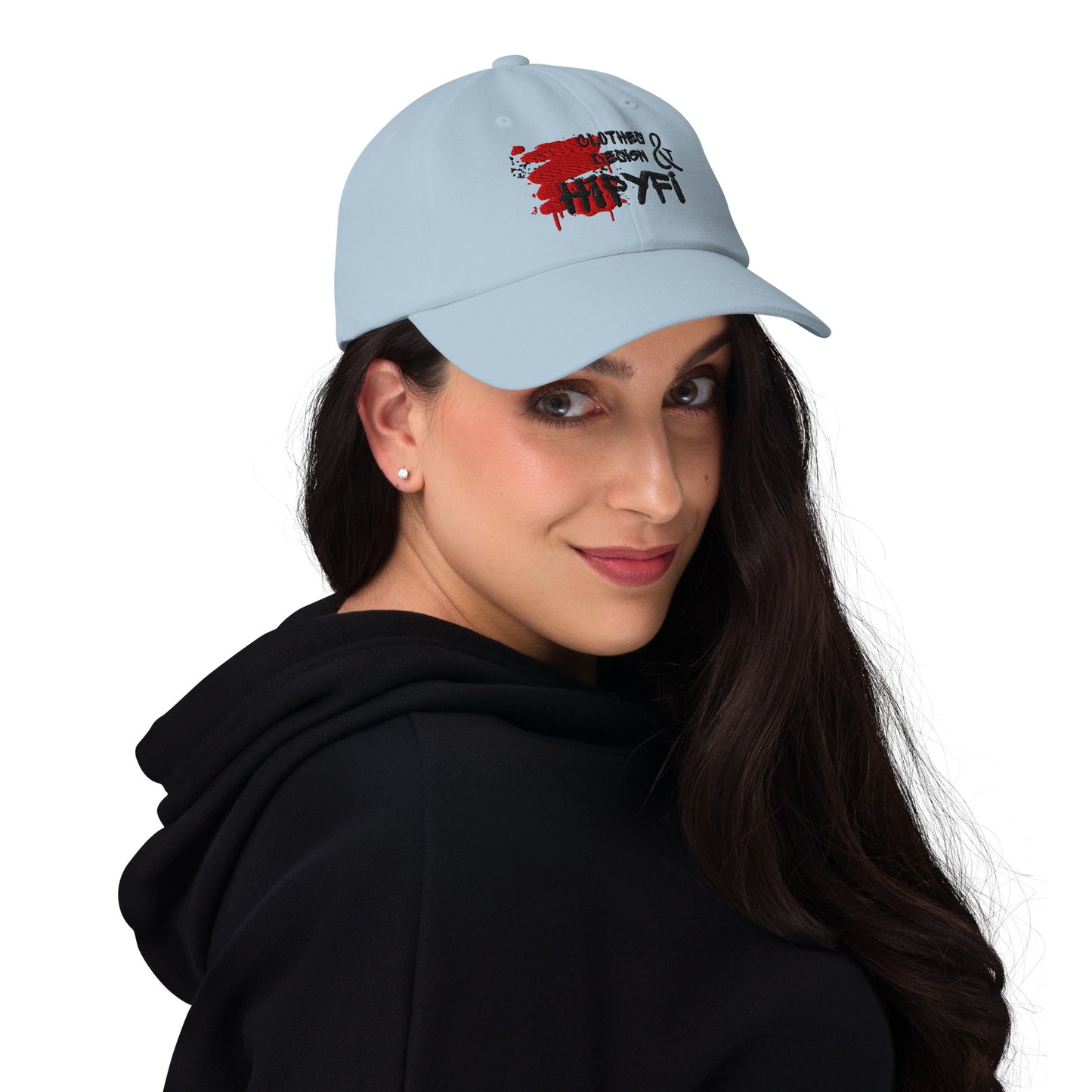 Hipyfi Embroidered Dad Hat in Pink, Light Blue, and White – Adjustable unstructured cotton cap with curved visor and antique buckle, vintage streetwear style. Light-blue-front