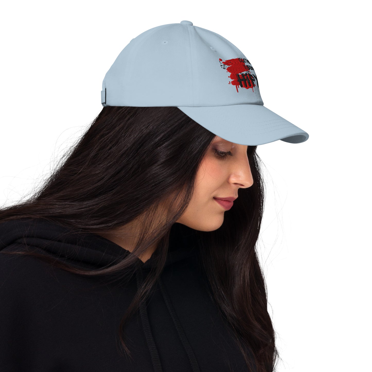 Hipyfi Embroidered Dad Hat in Pink, Light Blue, and White – Adjustable unstructured cotton cap with curved visor and antique buckle, vintage streetwear style. Light-blue-right