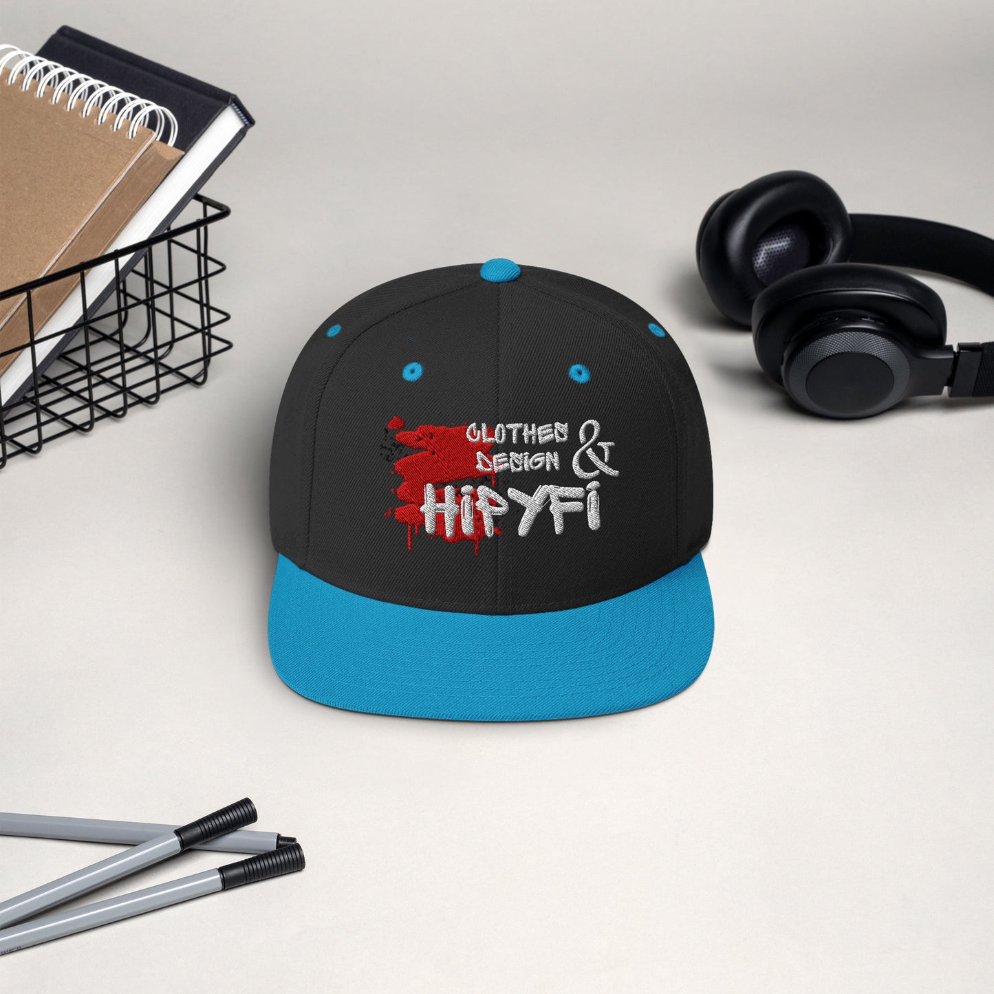 Hipyfi Classic Snapback Hat in Black and Teal with Embroidered Logo, Flat Brim, and Green Undervisor – Vintage Streetwear Cap Front-2