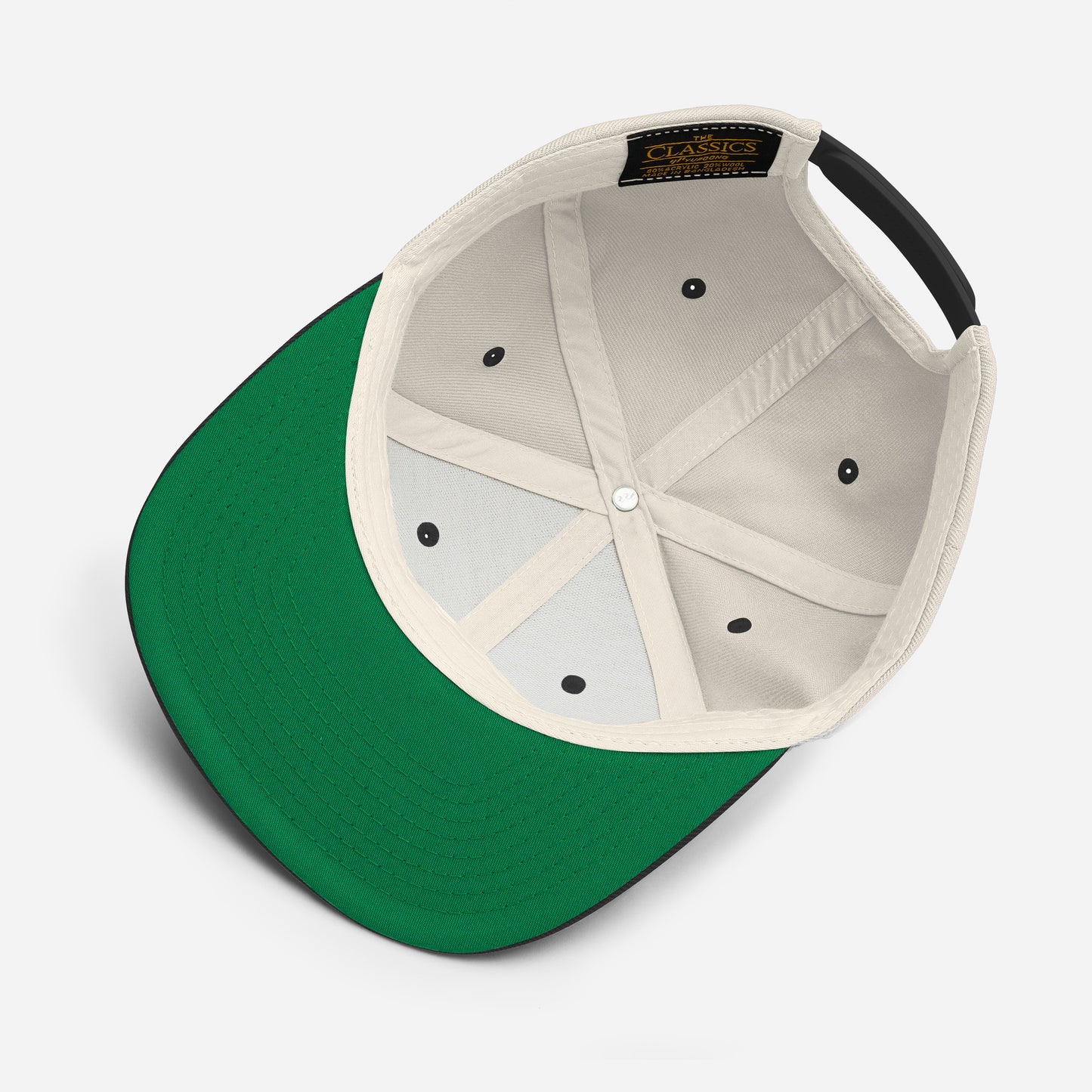 Hipyfi Classic Snapback Hat in Natural and Black with embroidered front logo, flat brim, and green undervisor – vintage-inspired streetwear cap product-details