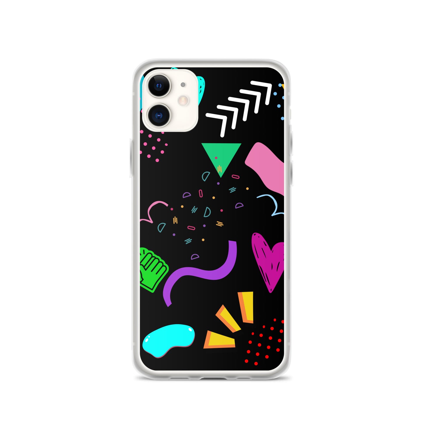 Clear iPhone case with colorful 80s Memphis pattern and retro pop art design by Hipyfi Clothes & Design iphone-11-case