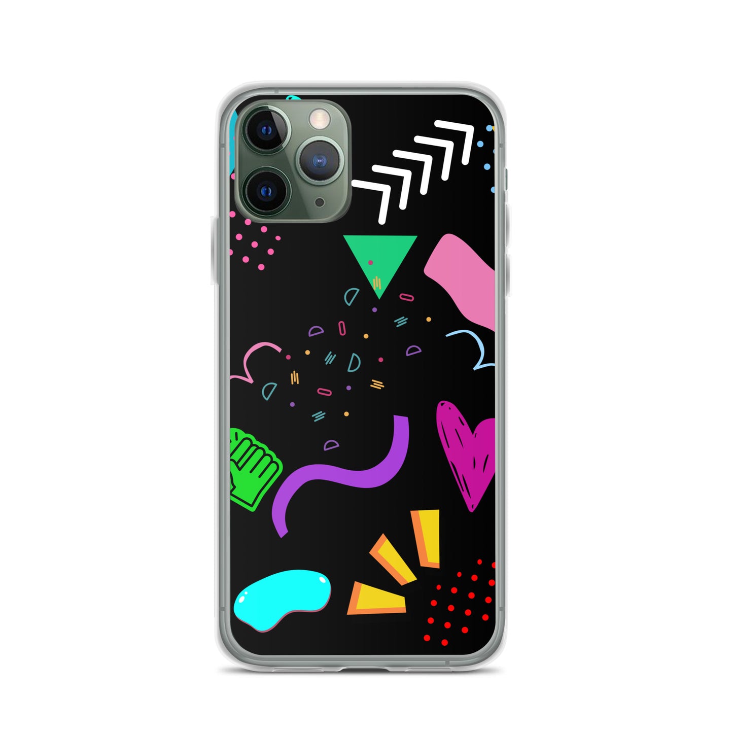 Clear iPhone case with colorful 80s Memphis pattern and retro pop art design by Hipyfi Clothes & Design iphone-11-pro