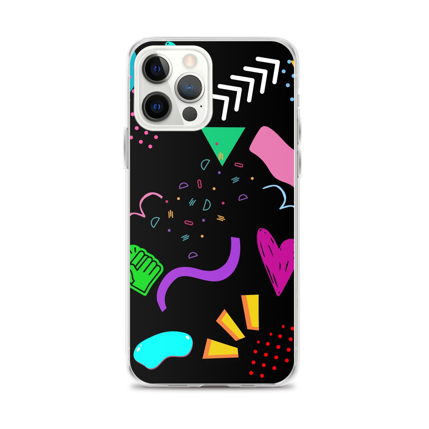 Clear iPhone case with colorful 80s Memphis pattern and retro pop art design by Hipyfi Clothes & Design iphone-12-pro-max