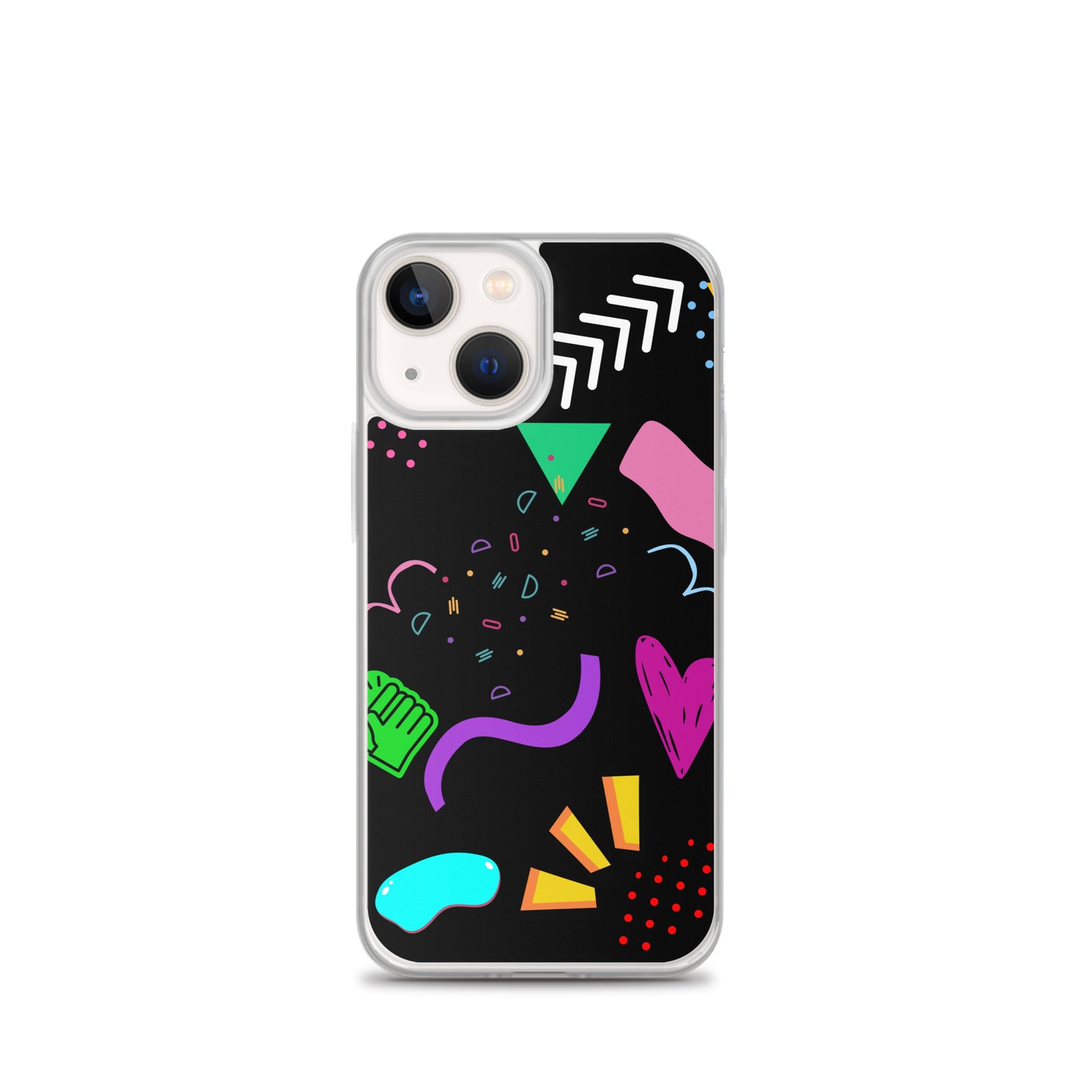 Clear iPhone case with colorful 80s Memphis pattern and retro pop art design by Hipyfi Clothes & Design iphone-13-mini
