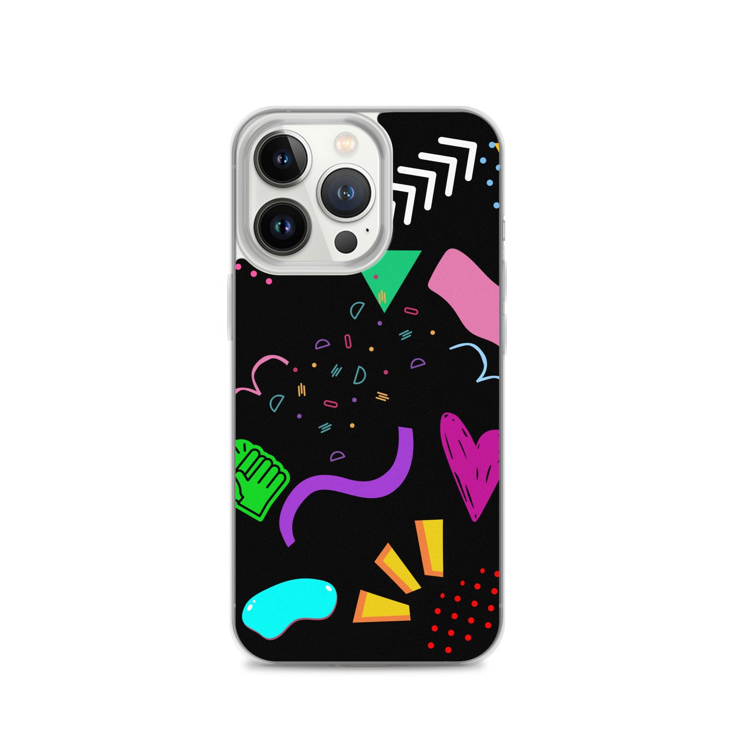 Clear iPhone case with colorful 80s Memphis pattern and retro pop art design by Hipyfi Clothes & Design iphone-13-pro