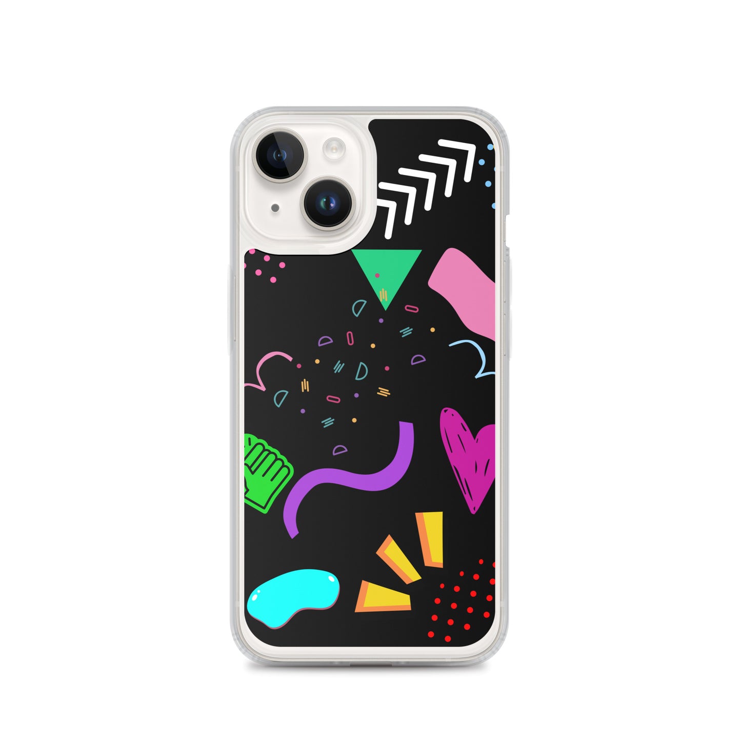 Clear iPhone case with colorful 80s Memphis pattern and retro pop art design by Hipyfi Clothes & Design iphone-14