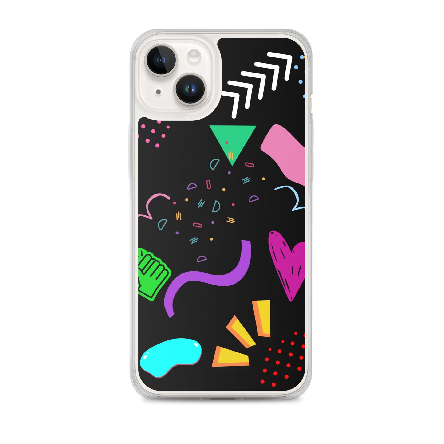 Clear iPhone case with colorful 80s Memphis pattern and retro pop art design by Hipyfi Clothes & Design iphone-14-plus
