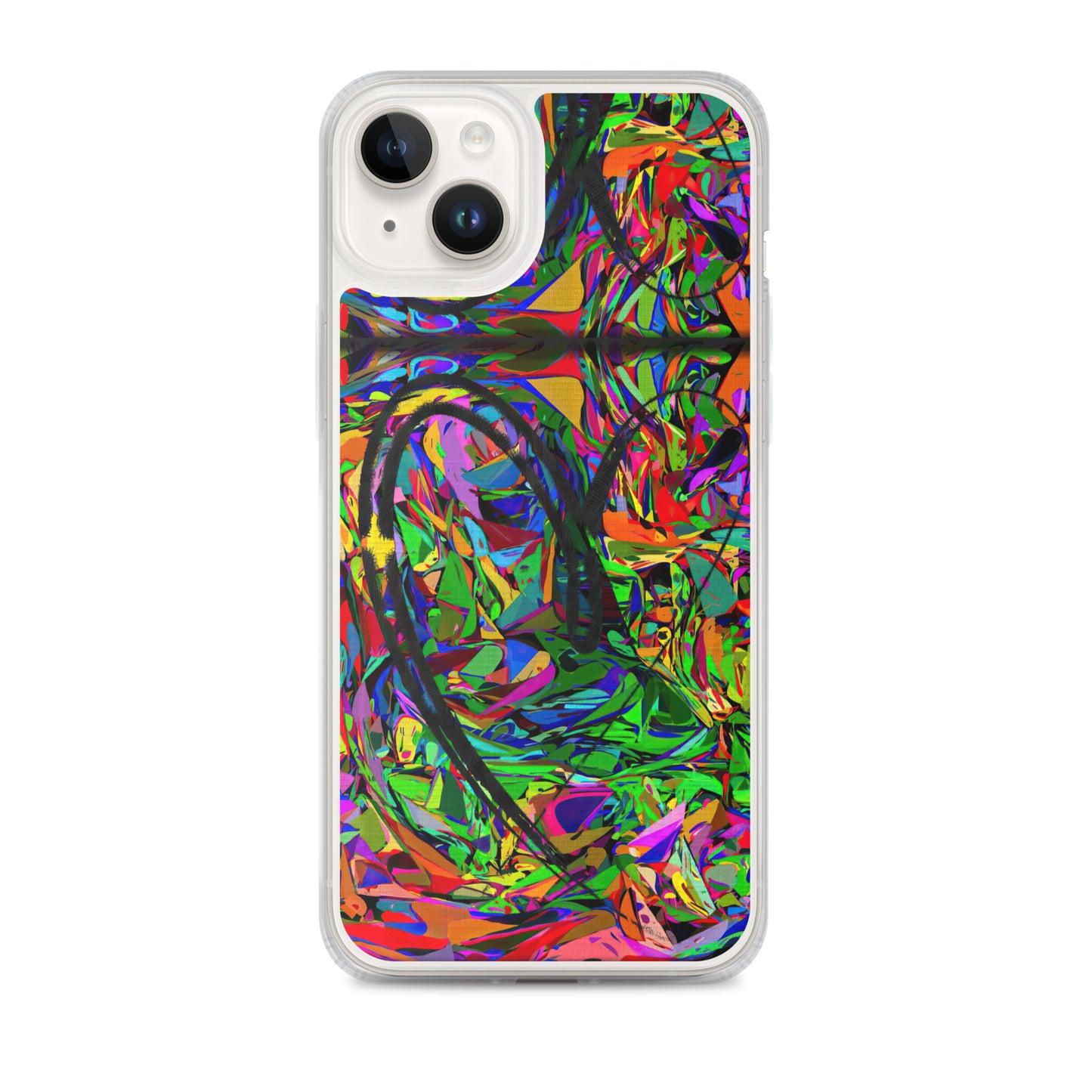 Neon Mythos iPhone® Clear Case – Abstract art design with vibrant neon colors, offering protection and style for iPhone® models. iphone-14-plus-case