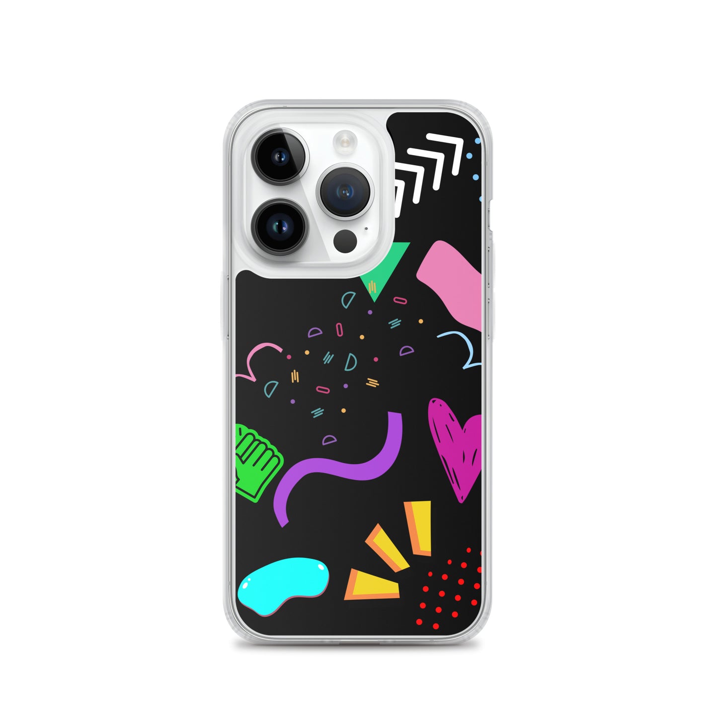 Clear iPhone case with colorful 80s Memphis pattern and retro pop art design by Hipyfi Clothes & Design iphone-14-pro