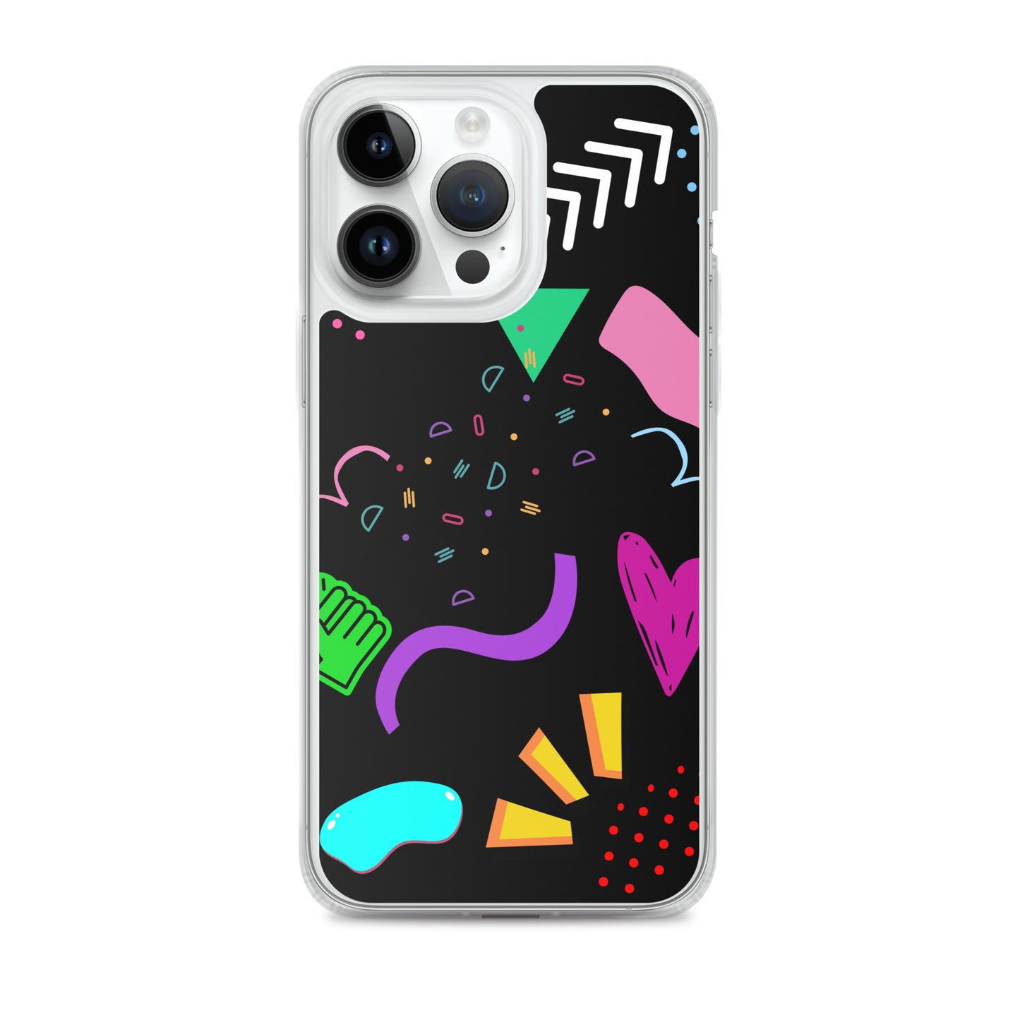 Clear iPhone case with colorful 80s Memphis pattern and retro pop art design by Hipyfi Clothes & Design iphone-14-pro-max