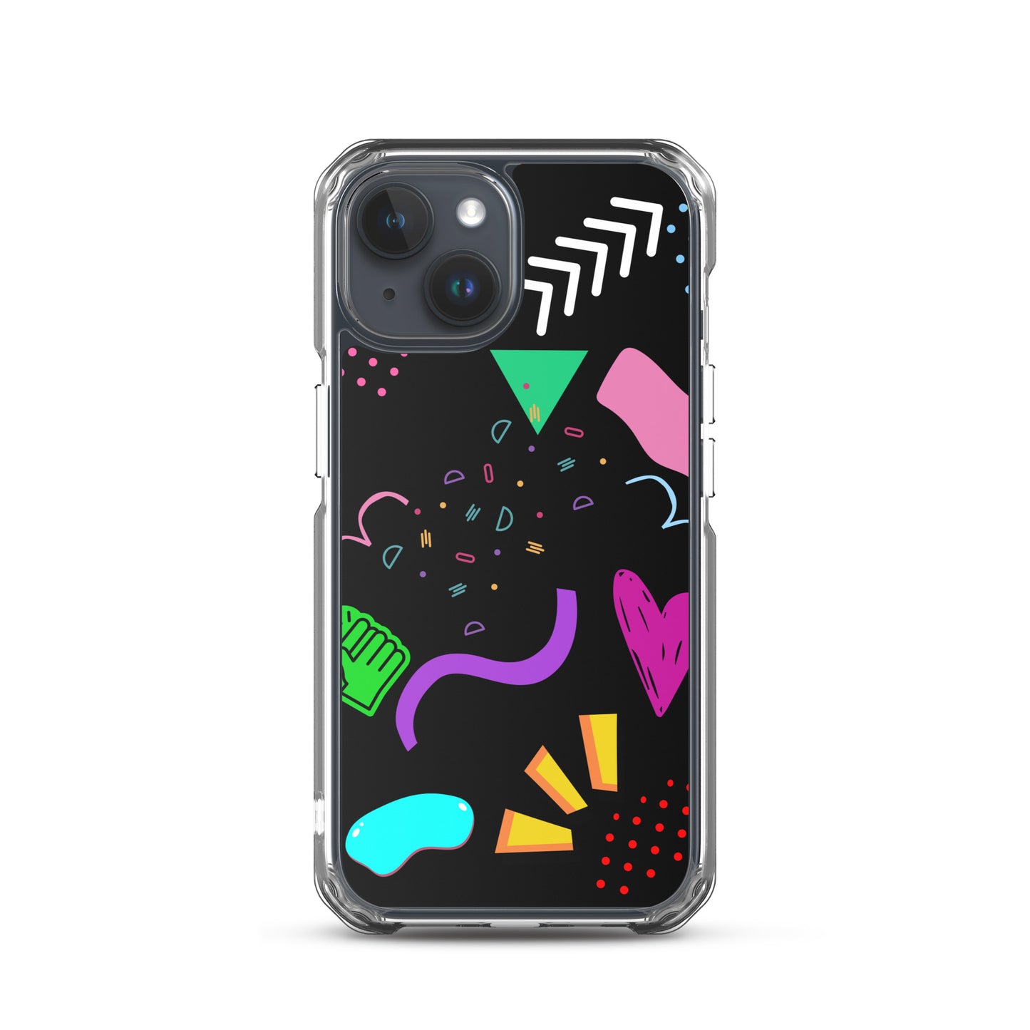 Clear iPhone case with colorful 80s Memphis pattern and retro pop art design by Hipyfi Clothes & Design iphone-15