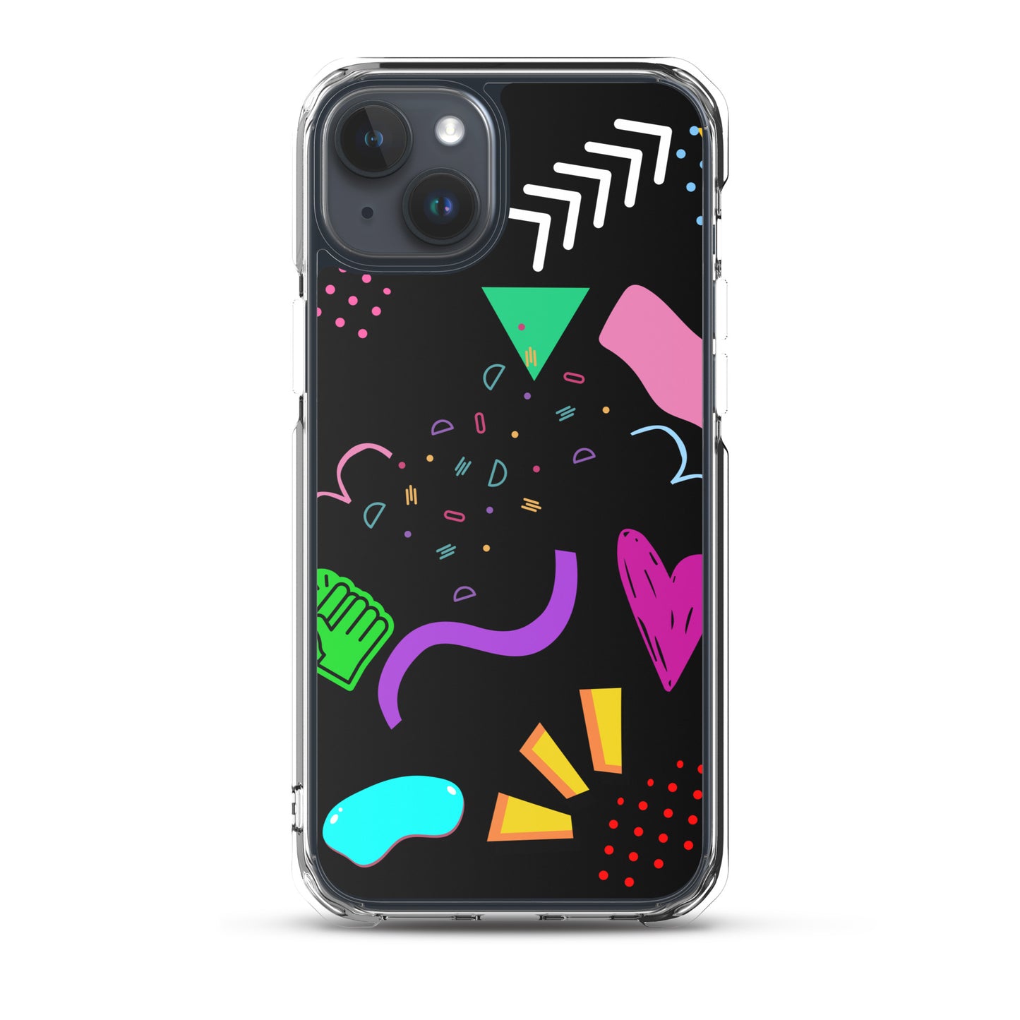 Clear iPhone case with colorful 80s Memphis pattern and retro pop art design by Hipyfi Clothes & Design iphone-15-plus